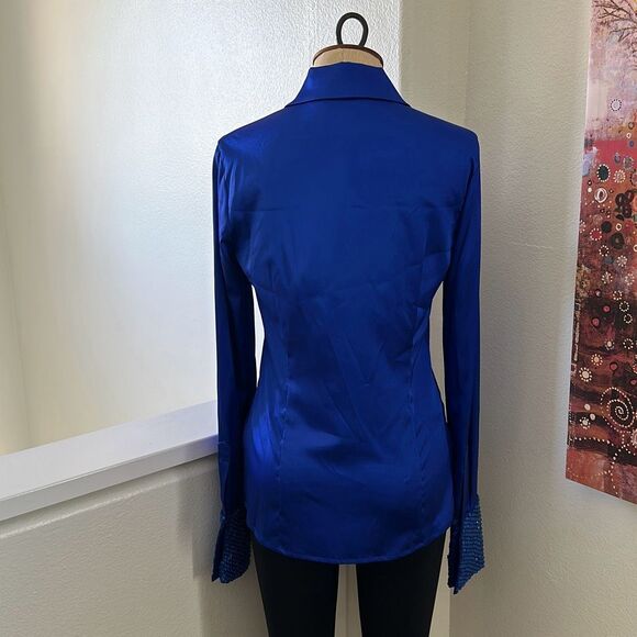 Le Superbe Superstoned Button Up Orbital Seamed Satin Fitted Shirt Cobalt Size 4 - Picture 4 of 7